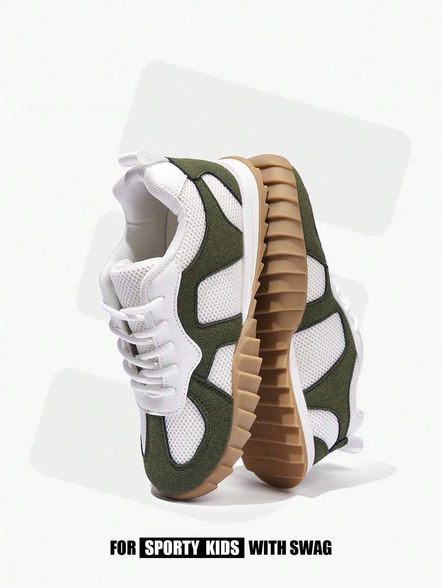 JNSQ 1pair Unisex Kids Simple Retro Suede Mesh Back To School Sneakers, Comfortable Non-Slip And Durable - Army Green - View 1