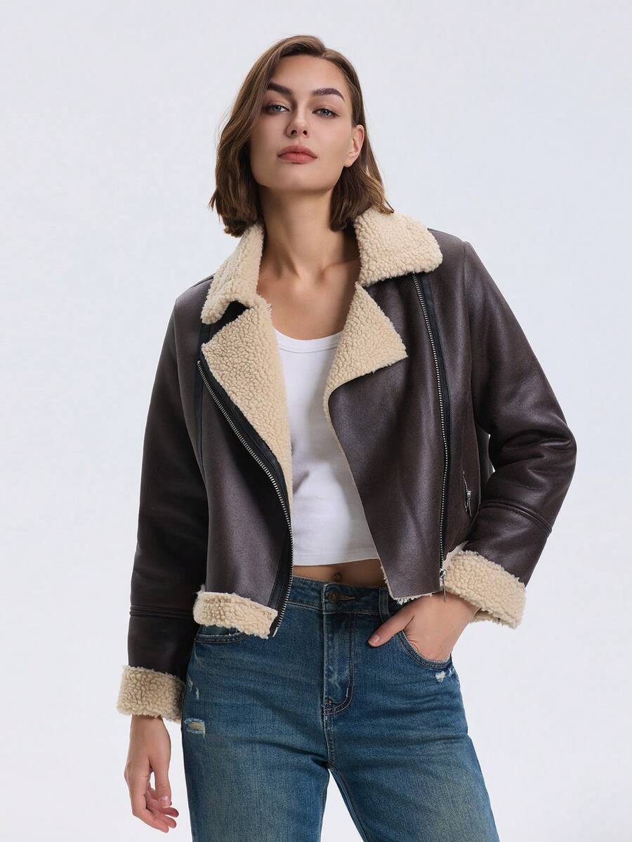 Zipped Pocket Accent Short Fluffy Lining Long Sleeve Jacket - Brown - View 1