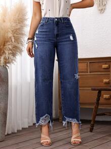 EMERY ROSE Women's Relaxed Fit Ripped Straight Leg Jeans With Pockets - Dark Wash - View 6