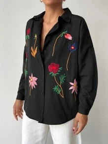 EURMUSE Oversized Embroidered Floral Casual Long Sleeve Shirt - Black - View 3