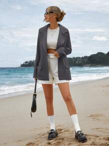 SHEIN Cottnline Women's Solid Color Long Sleeve Simple Casual Lapel Neck Blazer - Grey - View 5