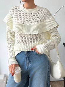 EURMUSE Crochet Cutout Ruffle Hem Pullover Sweater - Beige - View 2