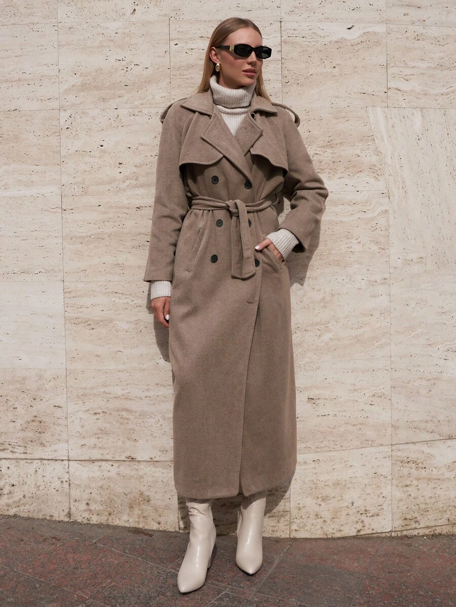 RueChic Plain Front Button Long Sleeve Pockets Simple Long Casual Jacket - Beige - View 1