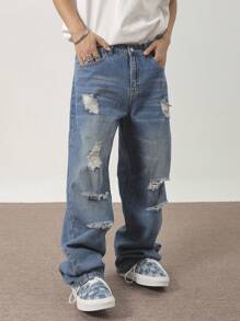 Manfinity EMRG Men's Casual Loose Fit Wide Leg Jeans With Ripped Details And Pockets, Baggy Jeans Men, Ripped Baggy Jeans, Oversized Jeans Men, Men Ripped Jeans, Men Jeans - Medium Wash - View 6