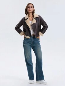 Zipped Pocket Accent Short Fluffy Lining Long Sleeve Jacket - Brown - View 6