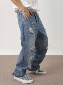 Manfinity EMRG Men's Casual Loose Fit Wide Leg Jeans With Ripped Details And Pockets, Baggy Jeans Men, Ripped Baggy Jeans, Oversized Jeans Men, Men Ripped Jeans, Men Jeans - Medium Wash - View 4