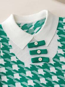 SHEIN 年轻女孩秋季服装：绿色格子中长款毛衣裙时尚长袖荷叶边下摆针织连衣裙女童