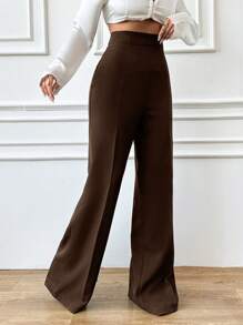 EURMUSE Plus Size Women's Casual Solid High Waist Straight Leg Pants Brown Pants Wide Leg Pants - Chocolate Brown - View 4