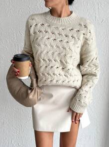 EURMUSE Suéter tipo pullover de mujer con cuello redondo, detalles de calado y textura suave - Beis - Ver 6