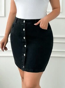 RueChic PLUS SIZE WOMEN CASUAL SOLID BUTTON FLY SLANT POCKET DENIM SKIRT - Black - View 4