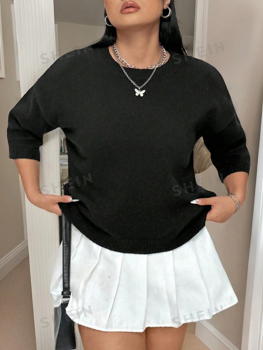 Calvaya Suéter holgado de cuello redondo, de manga corta y tejido para mujer de talla grande, adecuado para otoño/invierno