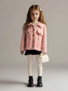 SHEIN Kleine Mädchen Jacquard Fleece Kapuzenjacke für Herbst und Winter, lässiger Stil