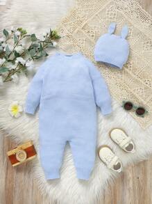 Newborn Baby Apricot Simple Casual  Ruffle Knitted Jumpsuit - Baby Blue - View 2