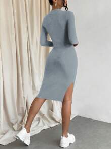 Cloudara Mock Neck Split Thigh Sweater Dress - Grey - View 2