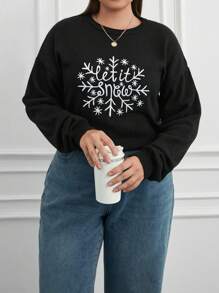 RueChic Plus Size Crew Neck Long Sleeve Letter Print Simple Casual Top - Black - View 3