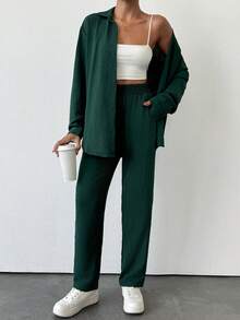 EURMUSE 2pcs Women Solid Color Long Sleeve Blouse & Wide Leg Drawstring Pants Set - Dark Green - View 5