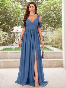 UNITHORSE Open Shoulder Ruffle Side Slit Hem Elegant Bridesmaid Chiffon Dress - Dusty Blue - View 6