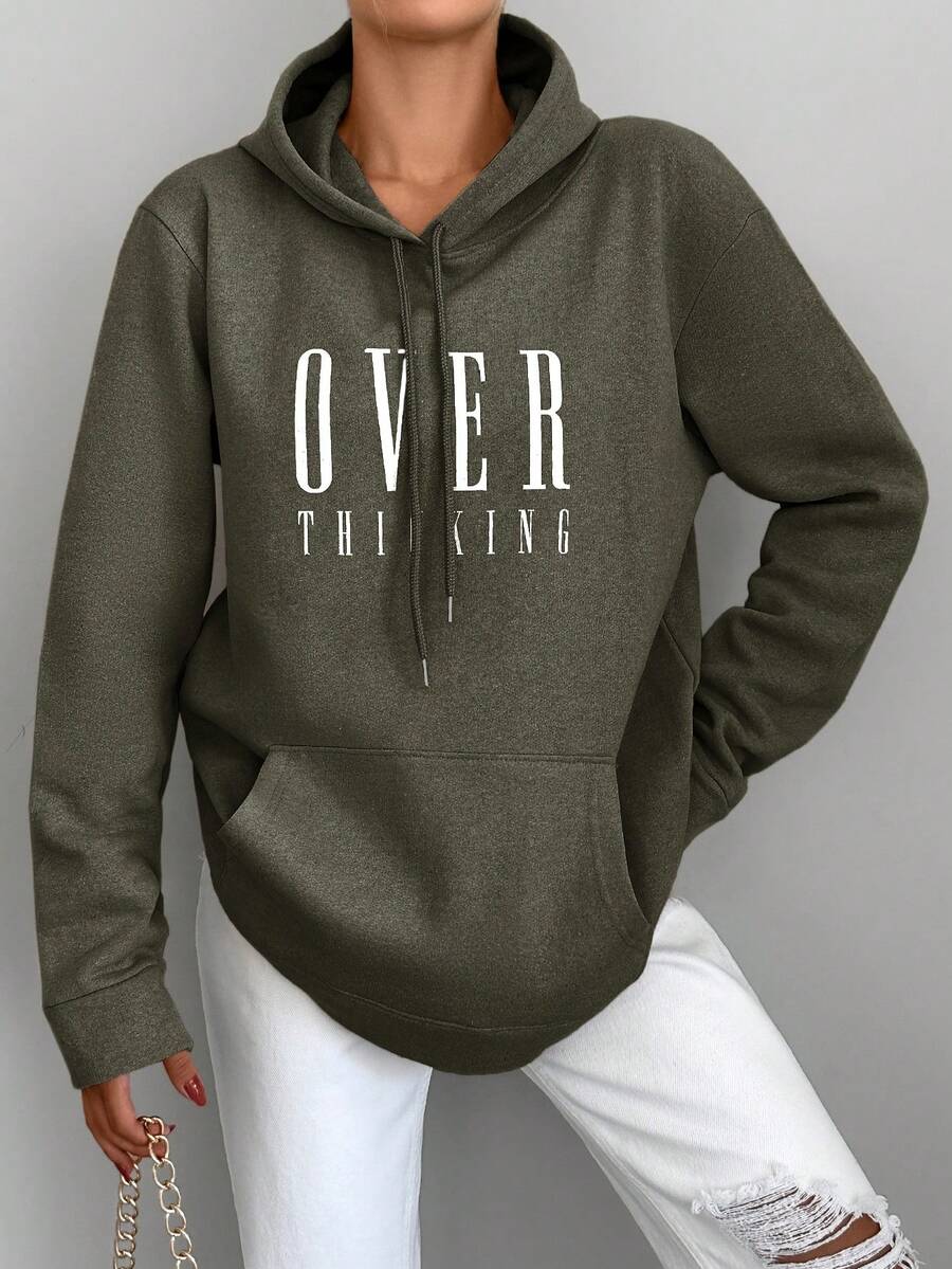 RueChic Sudadera Con Capucha De Manga Larga Con Cordón Y Estampado De Texto Distante - Verde Oliva - Ver 1