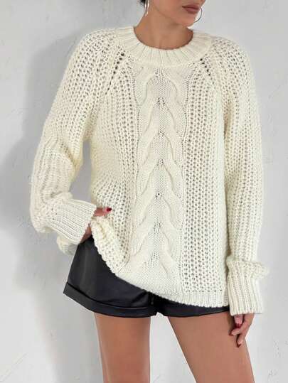 SHEIN Women Round Neck 3d Cable Knit Crochet Cozy Casual Sweater Pullover