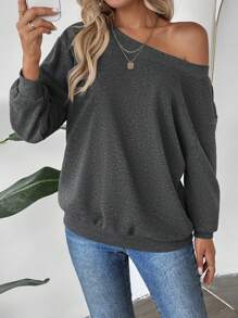 SHEIN LUNE Asymmetrical Shoulder Long Sleeve Gray Sweatshirt Pullover Fall - Grey - View 3