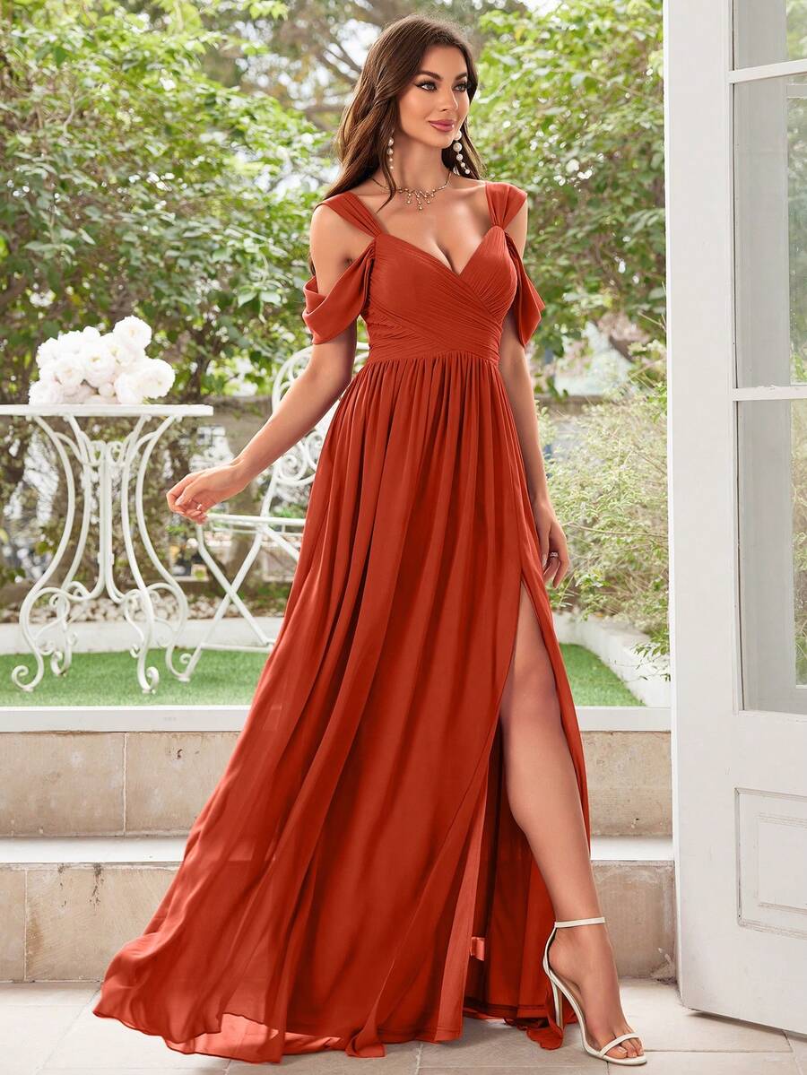 UNITHORSE Solid Color Chiffon Bridesmaid Dress With Thigh-High Slit, Short Sleeve - Burnt Orange - View 1