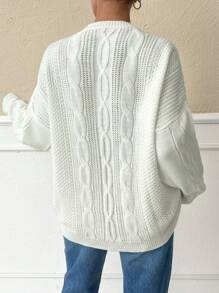 SHEIN White Metal Button Decorated Thick Cable Knit Cardigan Sweater For Women, Loose Fit, Autumn/Winter