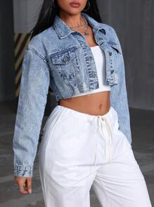 SHEIN Tall Front Button Long Sleeve Pocket Distressed Frayed Denim Jacket - Medium Wash - View 4