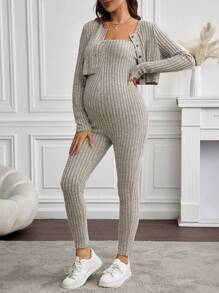 SHEIN 2pcs/Set Maternity Casual Solid Color Ribbed Camisole Jumpsuit And Single-Breasted Cardigan T-Shirt - Apricot - View 1