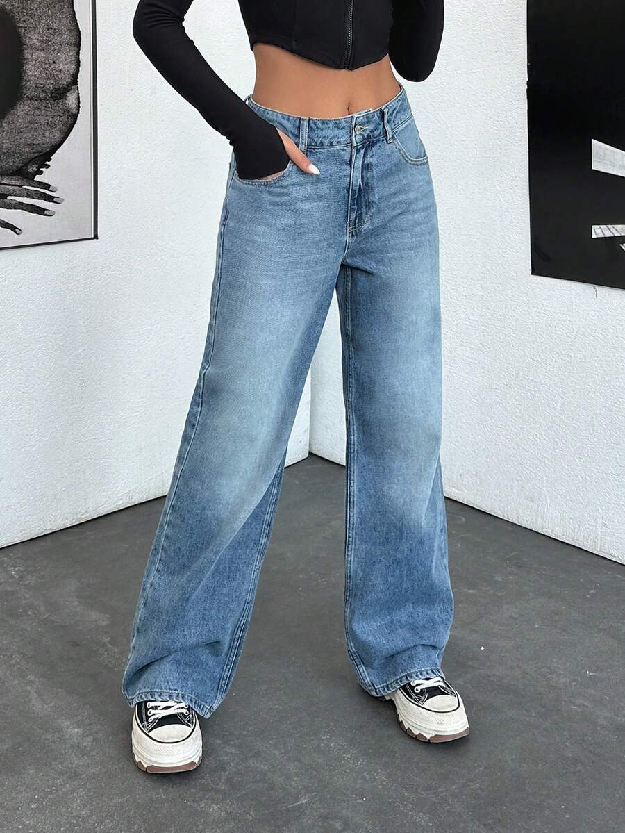 SHEIN Women Snow Washing Tinted Wide Leg Browm Jacron Detail Two Button