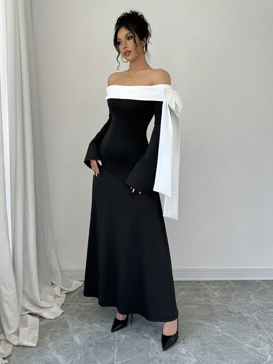 Rafferiza 女士优雅蝴蝶结装饰长袖黑白连衣裙长款女装 - 黑與白 - 查看 1