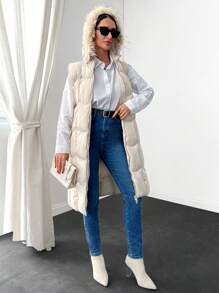 EURMUSE Waterproof Quality, Faux Fur Hooded Long Line Puffer Winter Vest - White - View 4