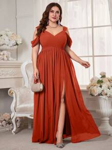 UNITHORSE 大码女士露肩短袖雪纺婚纱，优雅礼服，生日礼服，毕业礼服，正式礼服，伴娘礼服，婚礼春季派对礼服 - 亮橙色 - 查看 5