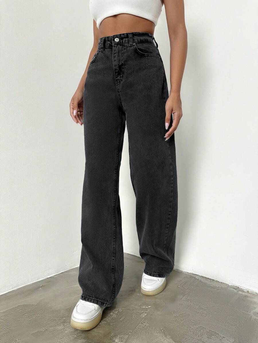 EURMUSE Solid Zipper Fly Straight Jeans - Light Grey - View 1