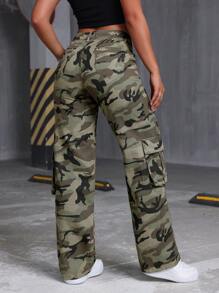 SHEIN Tall 女士前扣口袋迷彩牛仔工装裤，日常休闲穿着
