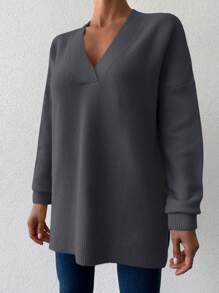 RueChic V Neck Drop Shoulder Sweater - Grey - View 5