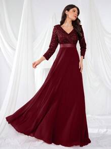 UNITHORSE V 领 3/4 袖亮片拼布喇叭下摆派对礼服，优雅长袖半正式舞会礼服，适合生日、婚礼嘉宾、毕业返校节 - 酒紅色 - 查看 4