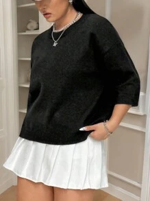 Calvaya Suéter holgado de cuello redondo, de manga corta y tejido para mujer de talla grande, adecuado para otoño/invierno
