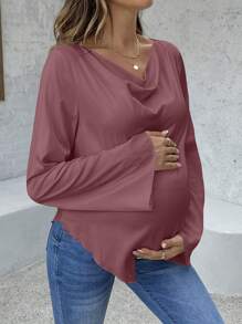 SHEIN Umstandsbluse mit einfarbiger Kuhhalskragen, Glockenärmel und abgerundetem Saum - Wassermelonenrosa - Übersicht 3