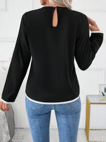 SHEIN LUNE Women's Woven Asymmetrical Color Block Split Shirt - Black and White - View 2