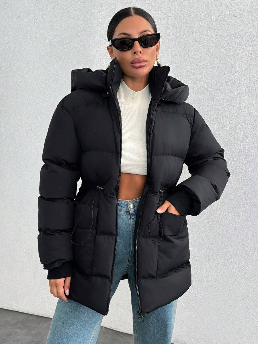 EURMUSE SCHWARZER OVERSIZE MANTEL FÜR FRAUEN MIT GUMMI DETAILS - Schwarz - Übersicht 1