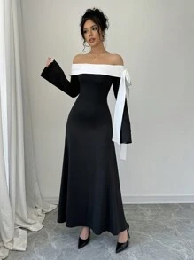 Rafferiza 女士优雅蝴蝶结装饰长袖黑白连衣裙长款女装 - 黑與白 - 查看 4