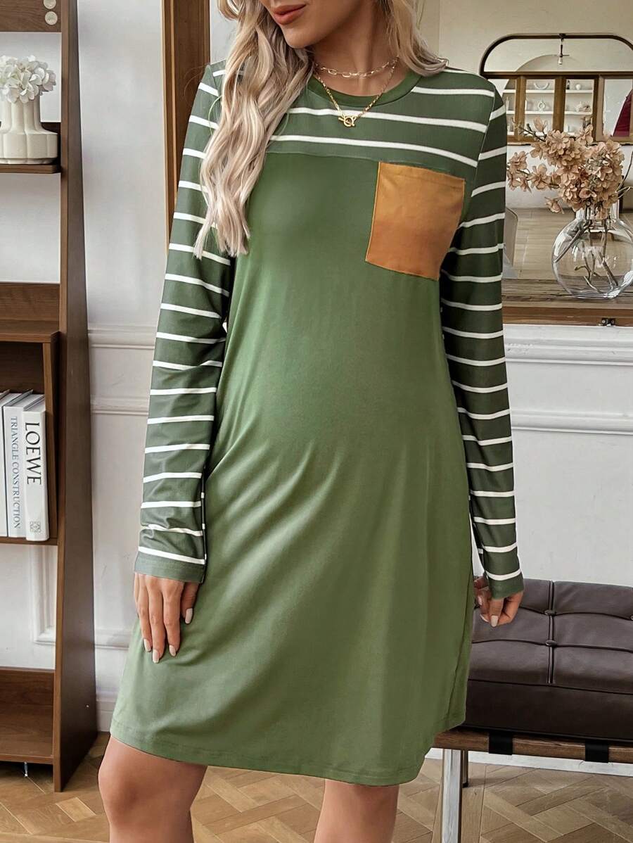 SHEIN Váy midi kẻ sọc rộng rãi tối giản dành cho nữ, mùa thu đông, dành cho bà bầu - xanh quân đội - Xem 1