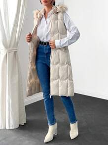 EURMUSE Waterproof Quality, Faux Fur Hooded Long Line Puffer Winter Vest - White - View 6