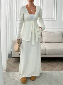 RueChic 2 stuks/set dames effenkleurig vest en gebreide rok elegante outfit