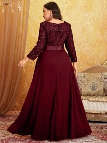 Vestido de noche UNITHORSE con cuello en V, manga larga, patchwork de lentejuelas y gasa - Burdeos - Ver 2