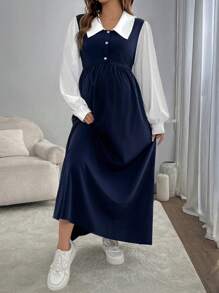 SHEIN Đầm dài tay cài nút màu đơn giản cho bà bầu mùa thu - Màu xanh hải quân - Xem 1