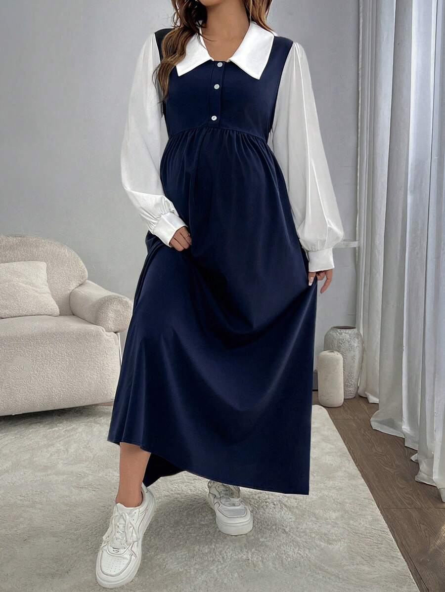 SHEIN Đầm dài tay cài nút màu đơn giản cho bà bầu mùa thu - Màu xanh hải quân - Xem 1