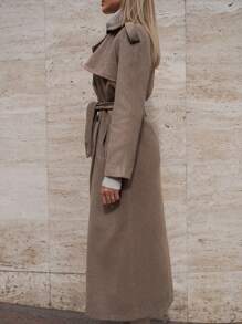 RueChic Plain Front Button Long Sleeve Pockets Simple Long Casual Jacket - Beige - View 8