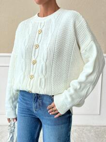 SHEIN White Metal Button Decorated Thick Cable Knit Cardigan Sweater For Women, Loose Fit, Autumn/Winter