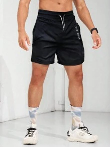 Manfinity Sport Corelite Boyfriend Style Men's Casual Letter Print Front Tie Waist Sports Shorts